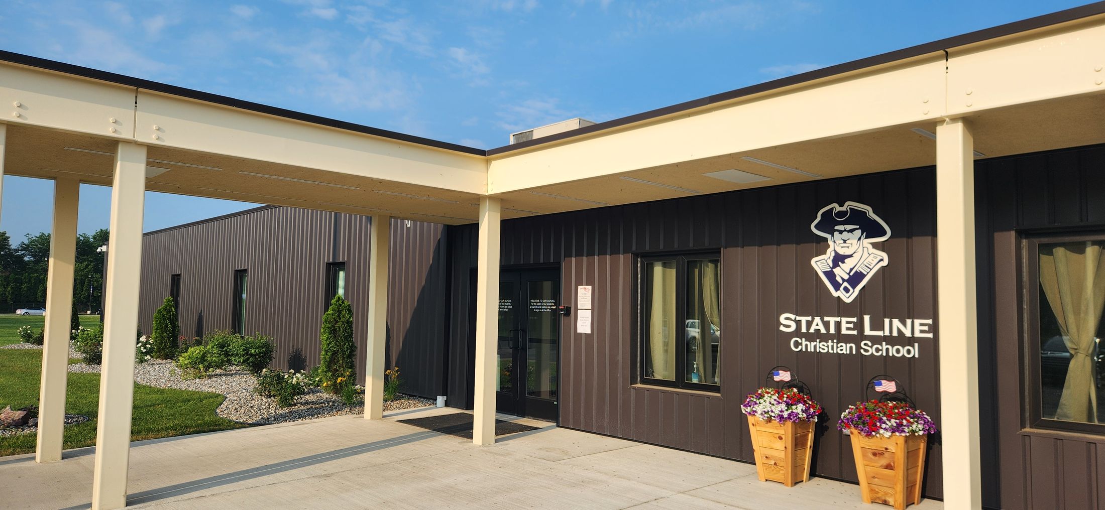 The front entrance of State Line Christian School in Temperance, Michigan